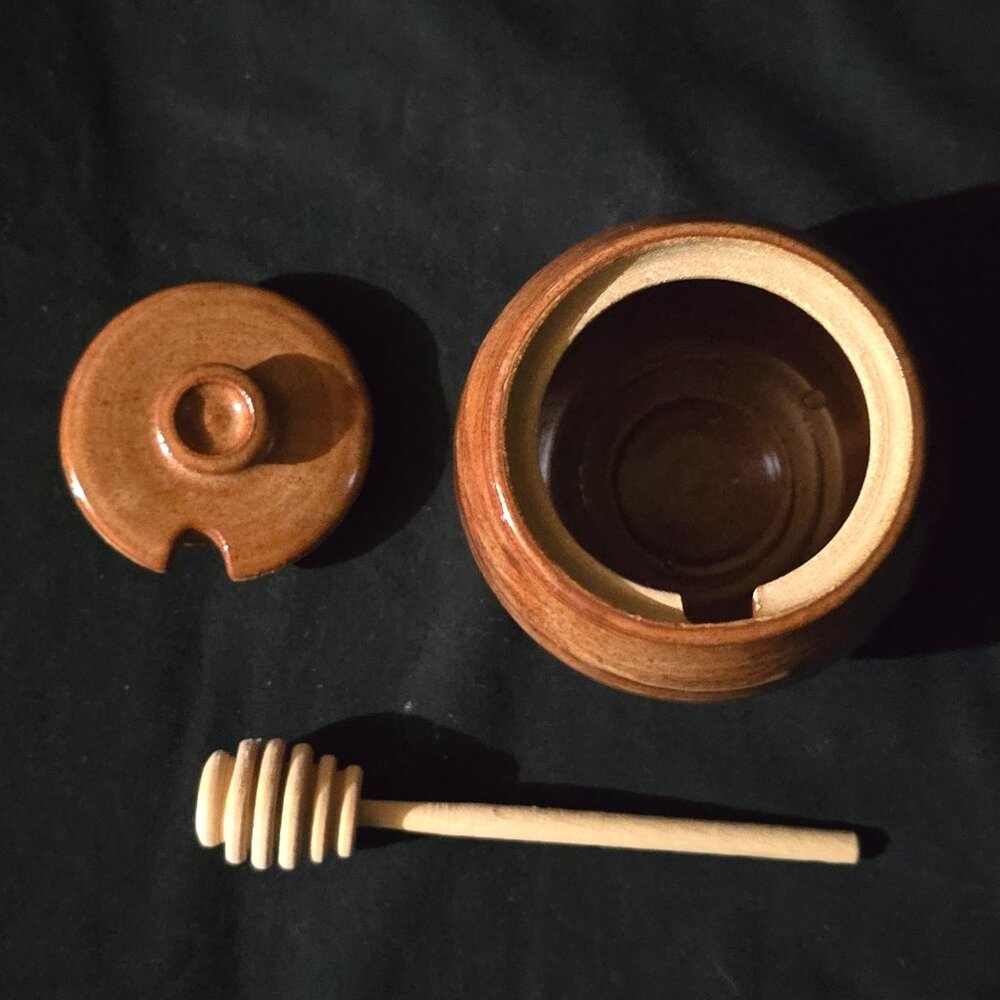 Handmade Art Pottery Honey Pot w Wooden Dipper Artist Stamp